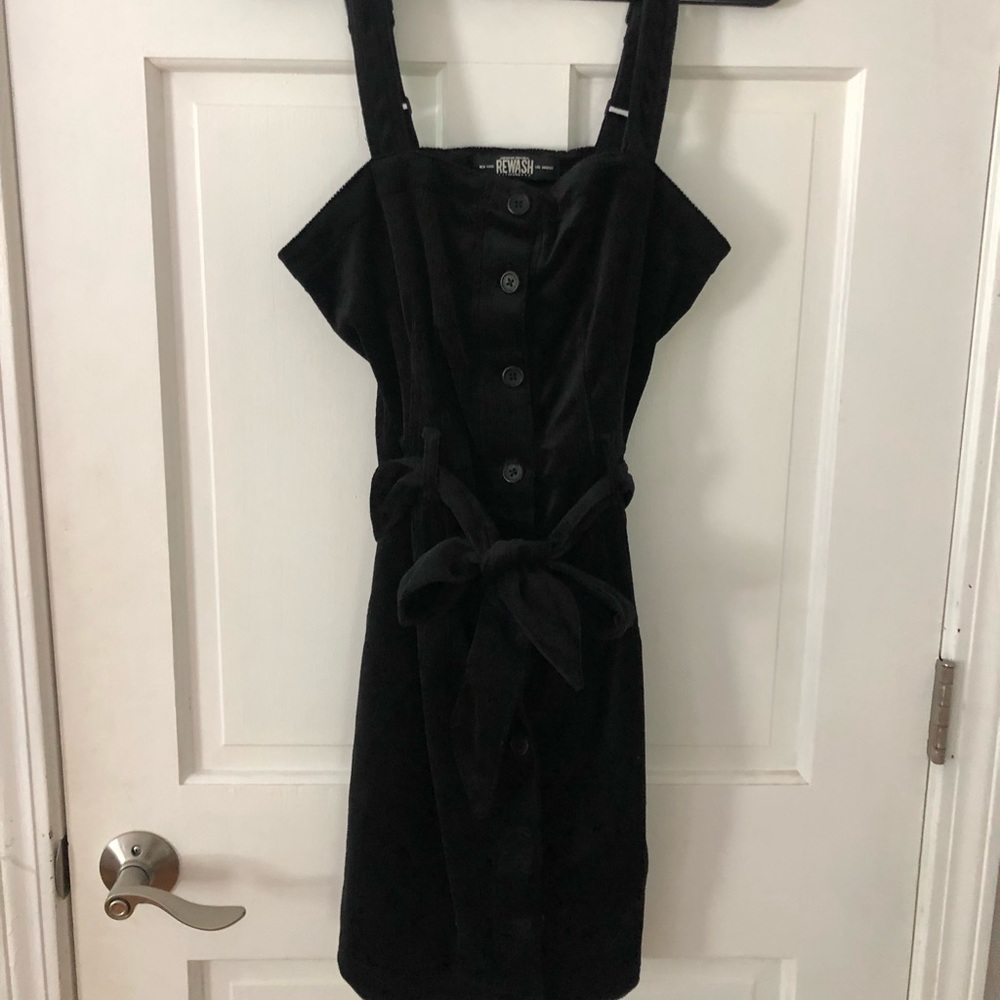 Black corduroy dress with tie belt